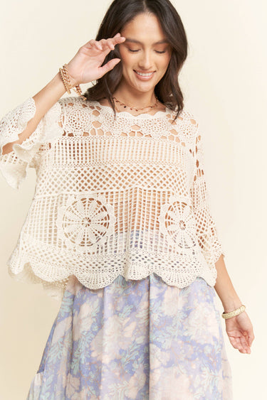 CROCHET LACE SOLID 3/4 SLEEVES TOP BLOUSE